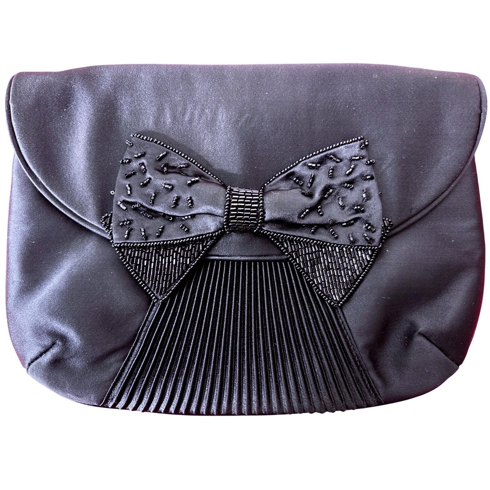 Vintage Hashimoto Womens Black Satin Beaded Bow Pleated Evening Clutch Bag‎ Chic